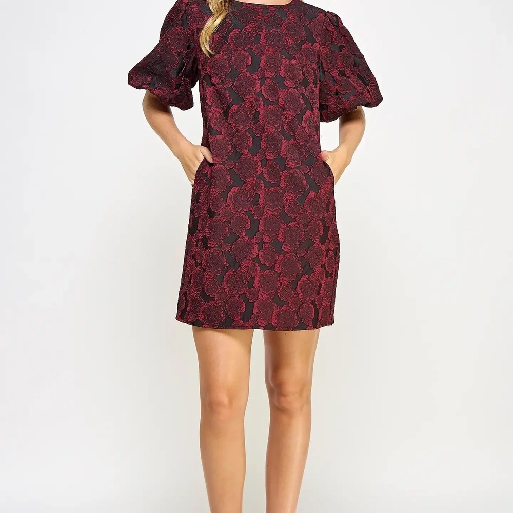Mimi & Dottie Puff Sleeve Shift Dress Womens Sz L Red Jacquard Floral